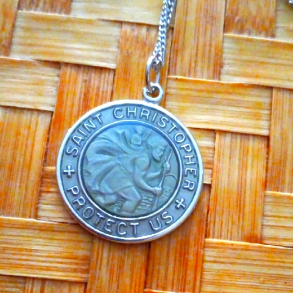 Saint Christopher Dolphin Blue Sterling Silver Large Pendant w/Necklace 18"